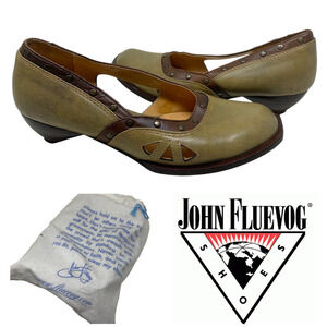 John Fleuvog Freedom Collection Sz 7.5 Art to Wear Olive Leather Heels Shoes